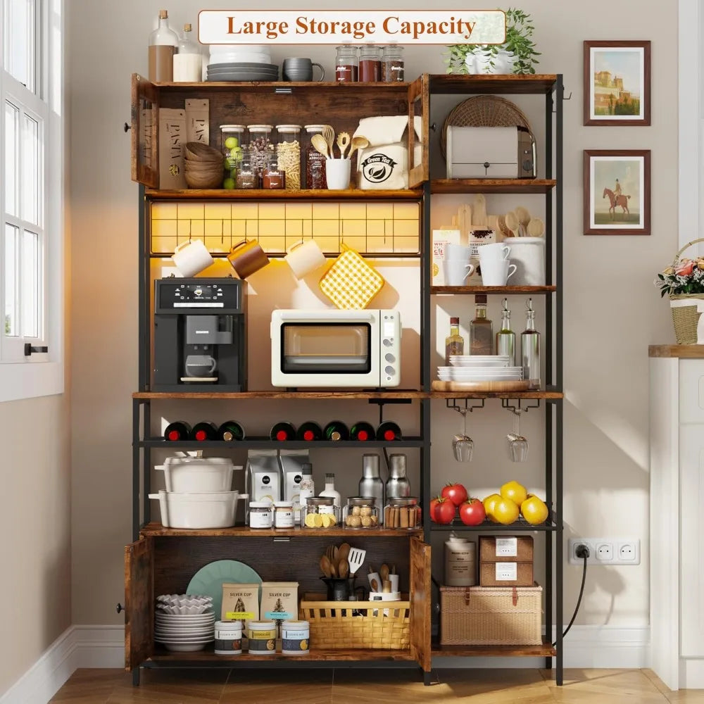 Wood Bakers Rack With Power Outlet LED Lighting Microwave Stand