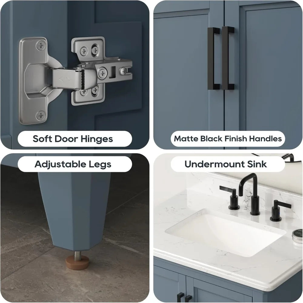 30'' Bathroom Vanity with Sink, Single Sink, Solid Wood Frame, Soft Close Doors, Dovetail Drawer, Steel Blue