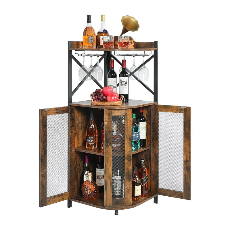 Metal Corner Wine Cabinet With Hanging Goblet Rack