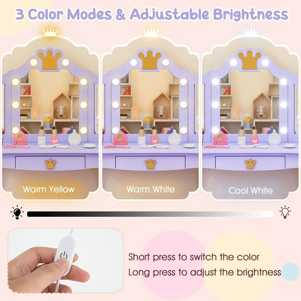 Girls Vanity Set With LED Lights Mirror And Stool Storage