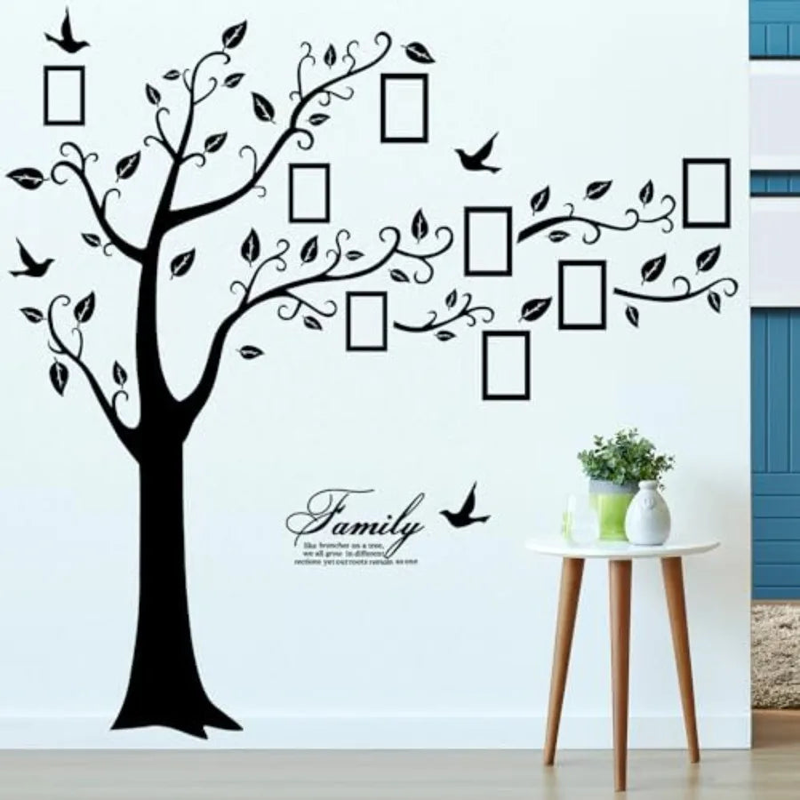 Large Family Photo Tree Wall Sticker 3D Peel and Stick Vinyl Photo Frame Tree Wall Decals Removable Quotes Leaf and Birds Wall