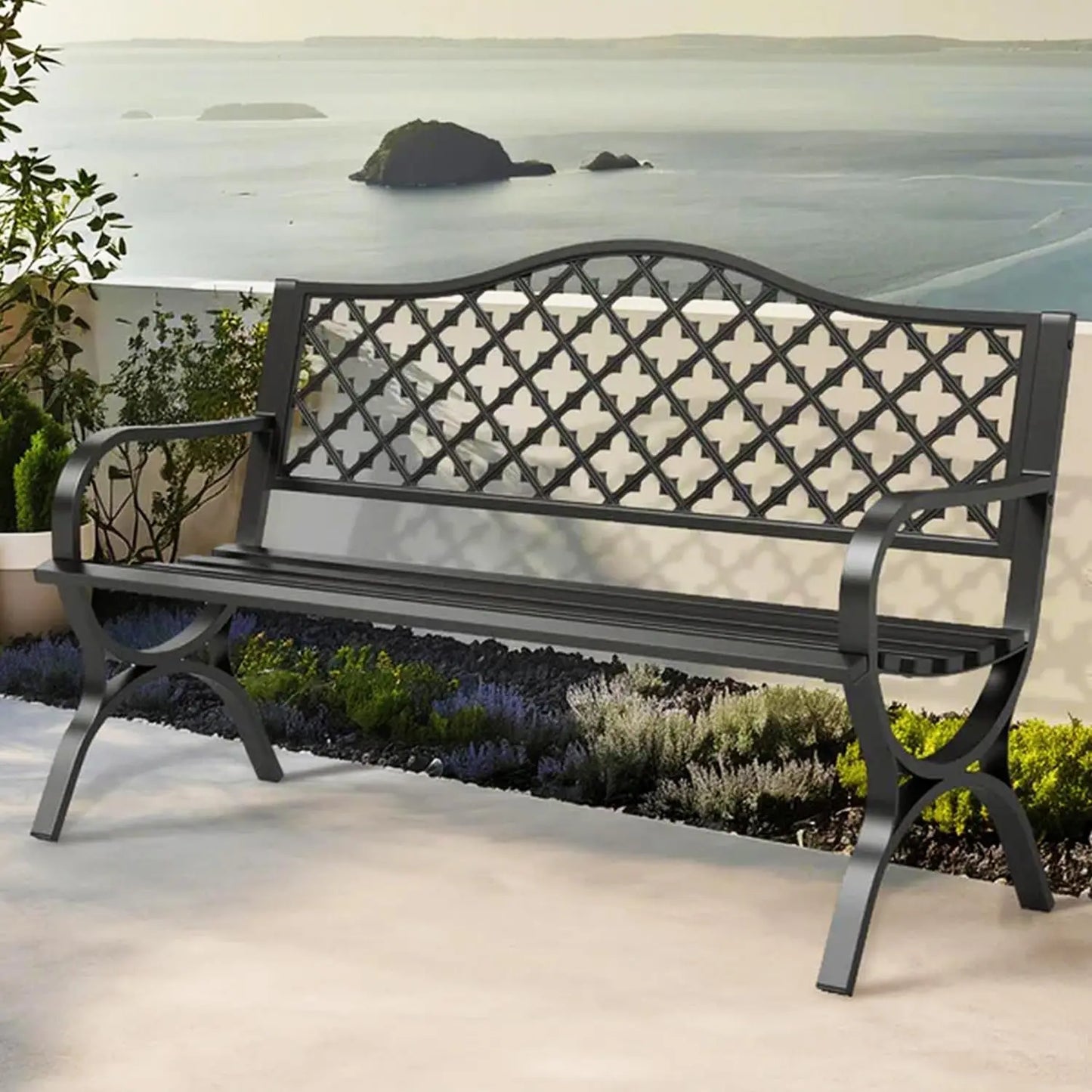 50in Cast Iron Steel Garden Bench Patio Chair w/Floral Backrest Slatted Seat Park Yard Porch Bronze, Customized