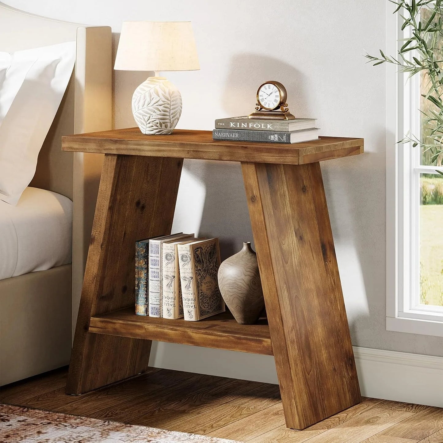 LITTLE TREE End Table for Living Room, Narrow Small Side Table with 2-Tier Storage, Farmhouse Bedside Nightstand for Bedroom