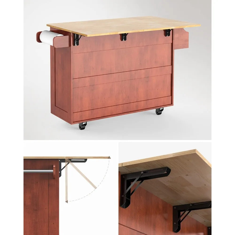 Kitchen Island Cart on Wheels with Drop Leaf Countertop Lockable Casters Two Drawers Storage Cabinet Double Doors Brown