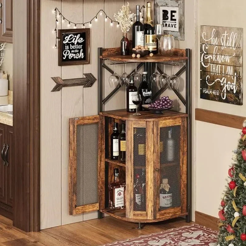 Metal Corner Wine Cabinet With Hanging Goblet Rack