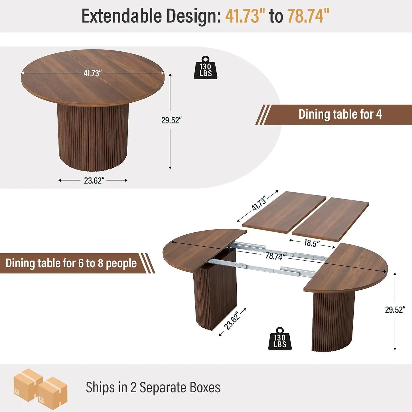 41 in-78 in Extendable Dining Room Table for 4-8, Round Expandable Kitchen Table with Fluted Base, Modern Farmhouse Oval Dinner
