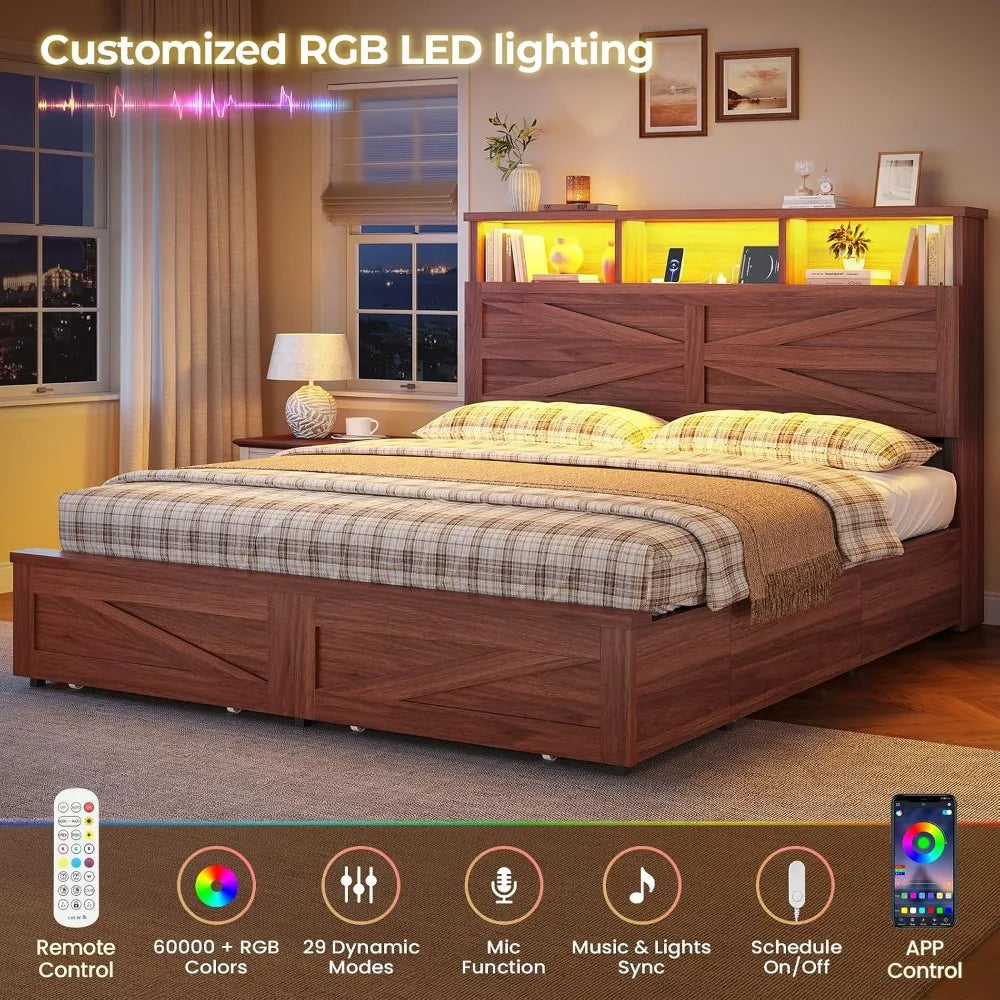 Queen Bed Frame with 6 Drawers, Farmhouse Bed Frame with Barn Door Headboard and Storage, Wood Platform Bed Frame, Customized