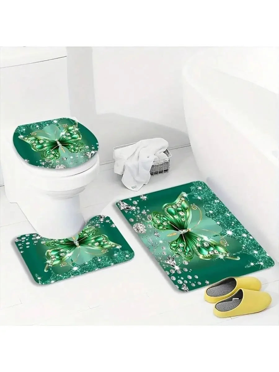 Butterfly Shower Curtain Set With Crystal Embellishments For Bathroom