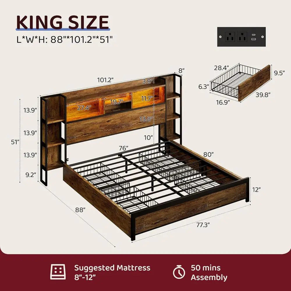 BRELTAM Platform Bed With 4 Storage Drawers And Lighted Charging Station