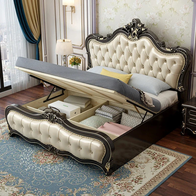 Carved Modern Wooden Leather Bedroom Set For Luxury Home Furniture