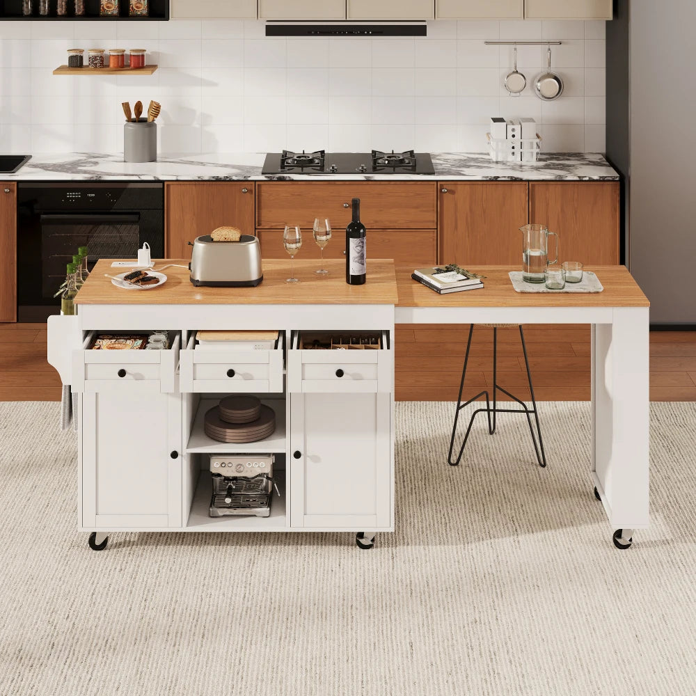 K&K 85.5" Kitchen Island with Extendable Dining Table, Kitchen Storage Table with 3 Side Open Shelves, Rolling Kitchen Island with Power Outlet, 3 Drawers, 2 Doors, for Kitchen, Dining Room, White