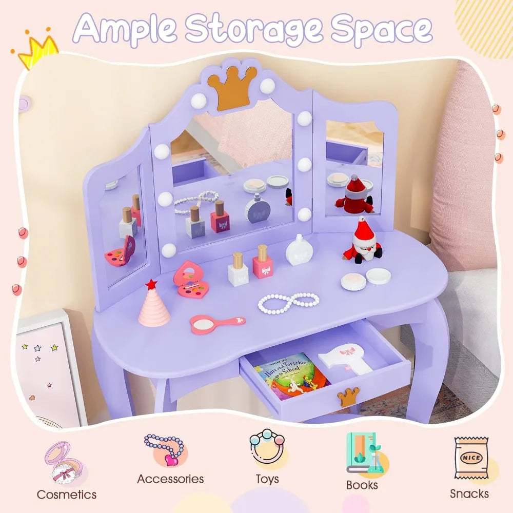 Girls Vanity Set With LED Lights Mirror And Stool Storage