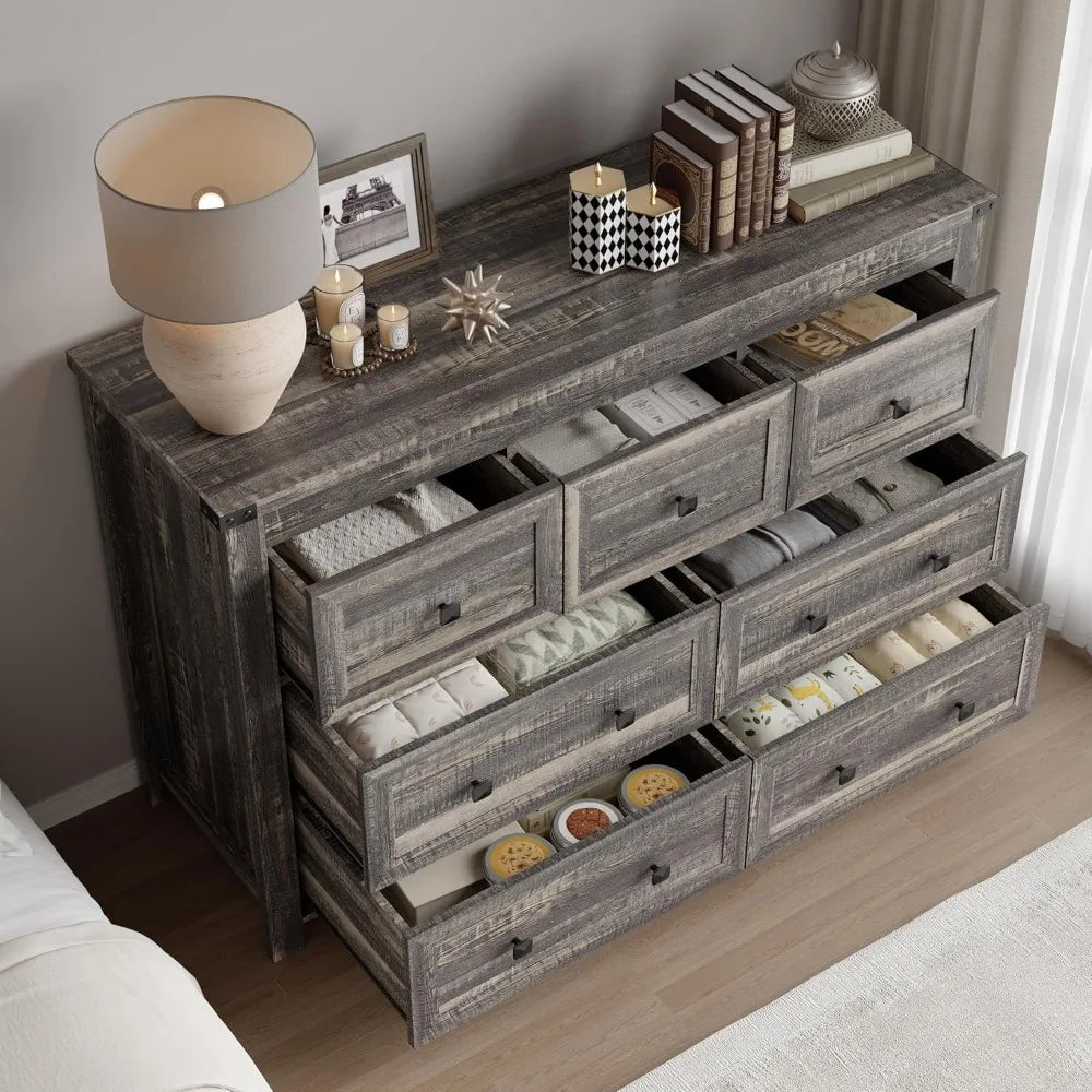 7 Drawer Dresser, Modern Wood Storage Chest, Bedroom Organizer with Metal Handles