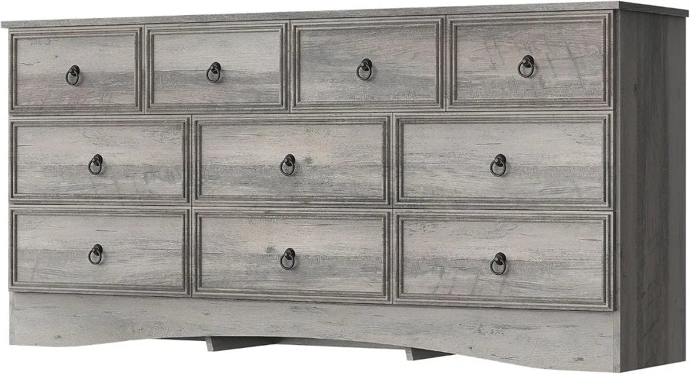 63"W 10 Drawer Dresser for Bedroom, Grey Long Chest, Easy Pulls, Taupe
