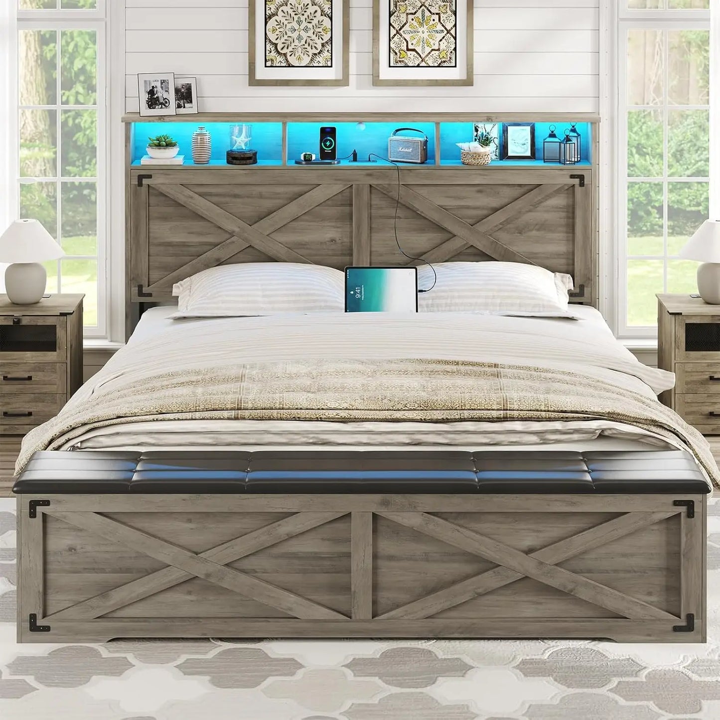Farmhouse Queen Bed Frame with Storage Headboard and Charging Station Wood Platform Bed Frame Queen Size with, Customized