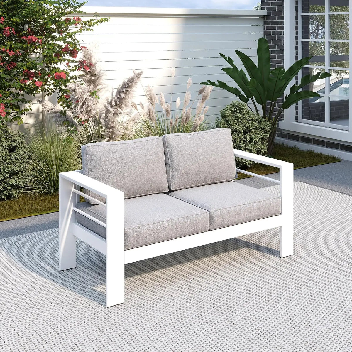 Outdoor Aluminum Patio Loveseat Sofa with Metal Frame and Cushions