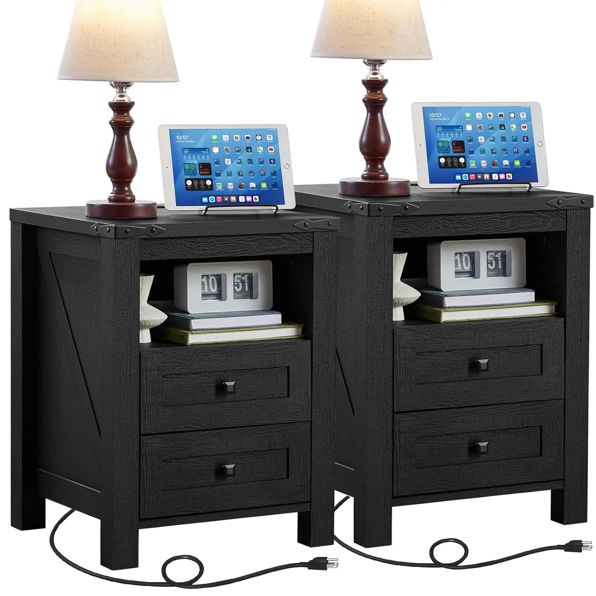Set Of 2 Farmhouse Nightstands With Charging Station