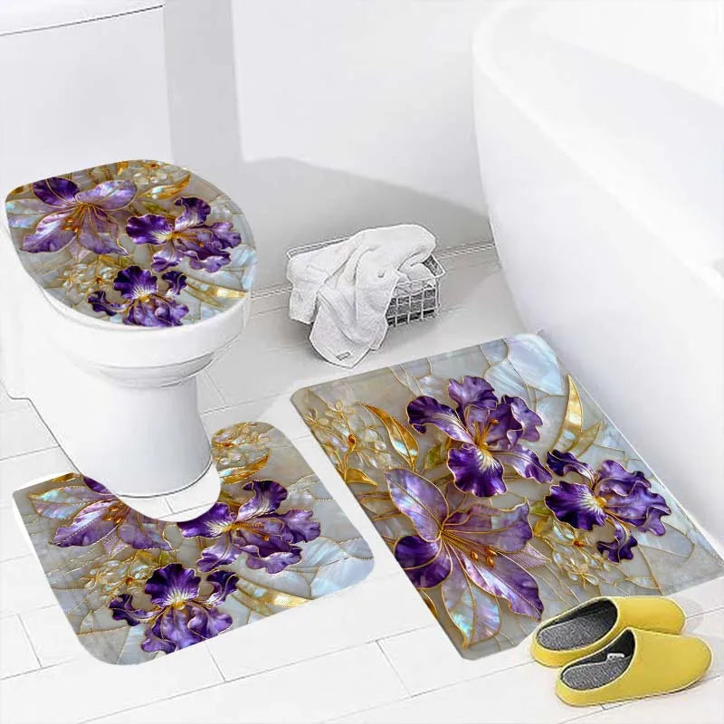 2D Flat, 4pcs Artistic 2D Bathroom Set, Featuring High-Quality Bathroom Decorations And Additions, Including a Non-Slip, a U-Shaped, a Toilet Seat, And a Shower Curtain with 12 Hooks