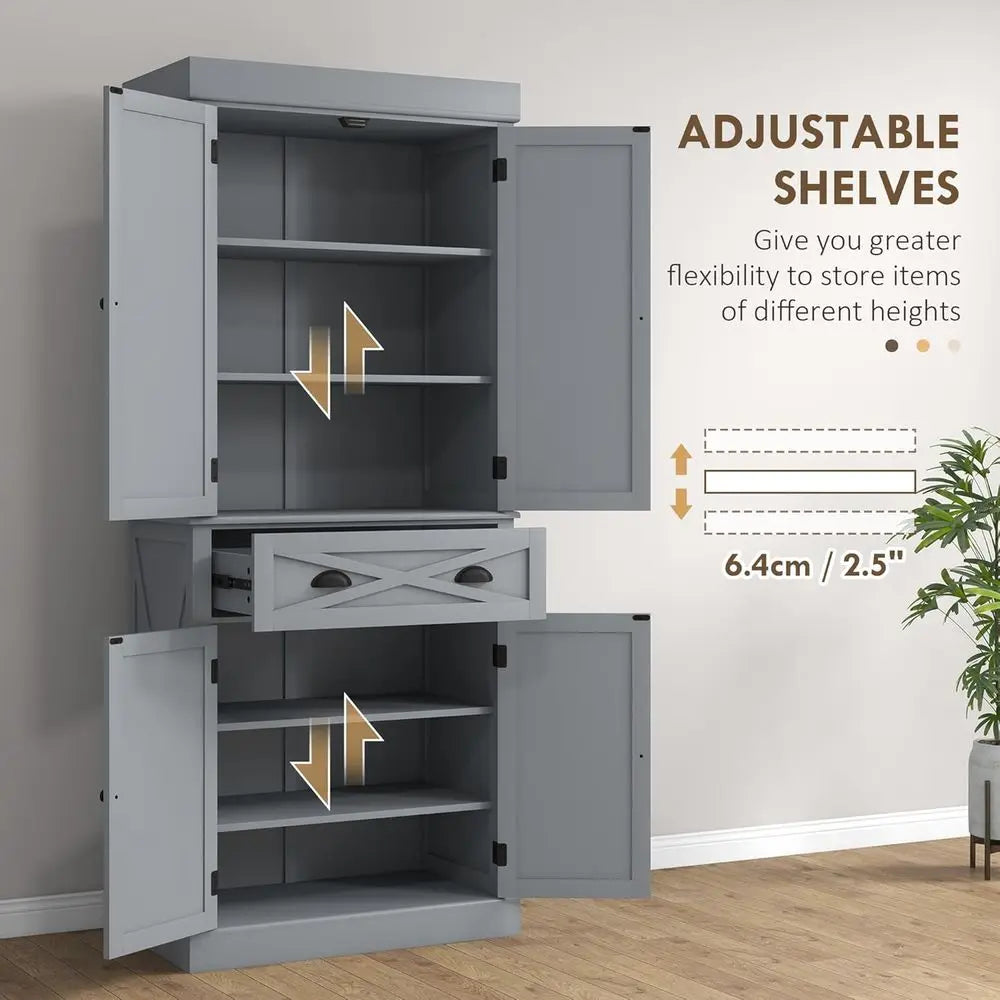 72" Kitchen Pantry Storage Cabinet, Traditional reestanding Pantry Cabinet with 4 Doand 2 Adjustable Shelves, Large Central Der,