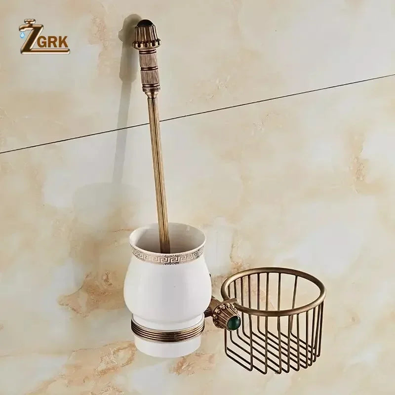 Antique Brass Bathroom Hardware Retro Carved Bath Towel Rack Cup Holder Toliet Brush Holder Storage Rack Bathroom Fixture