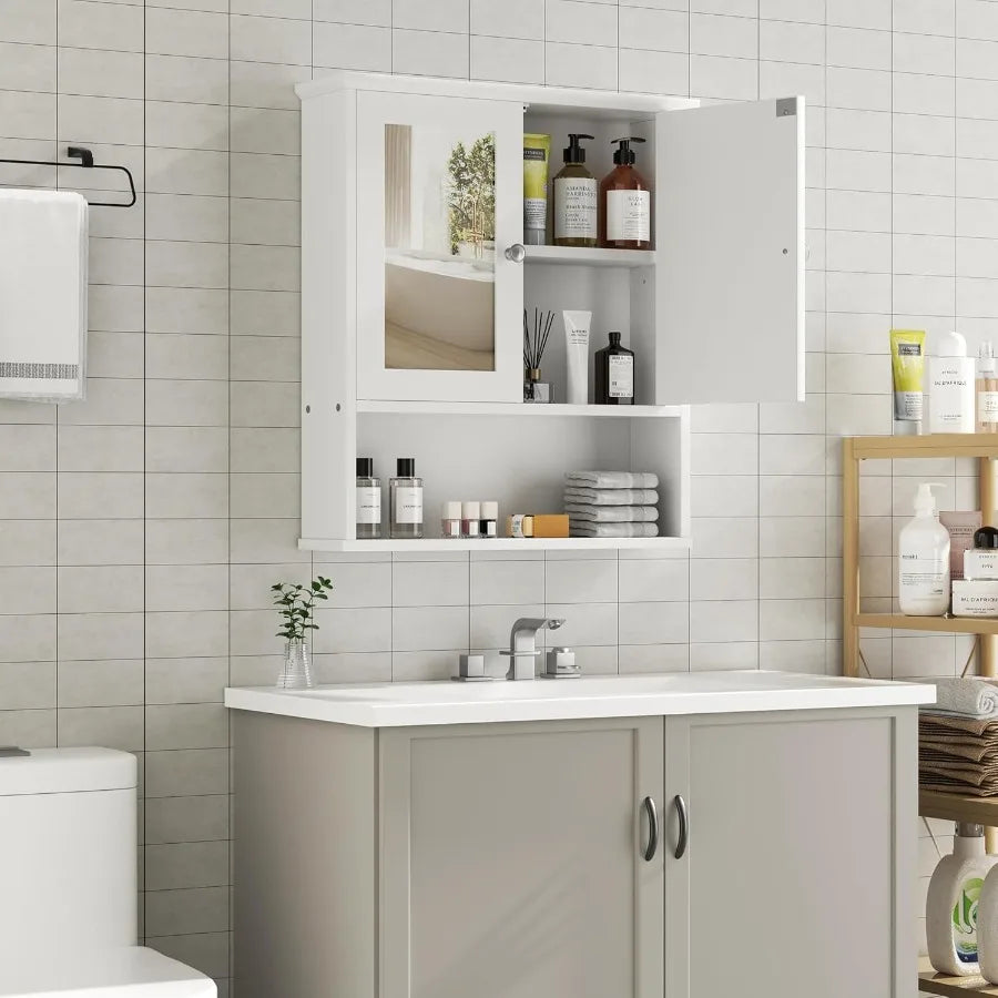 Cabinet With Mirror, Wood Medicine Cabinet With Adjustable Shelf, Wall Mount Cabinet Storage, Cupboard, Whit