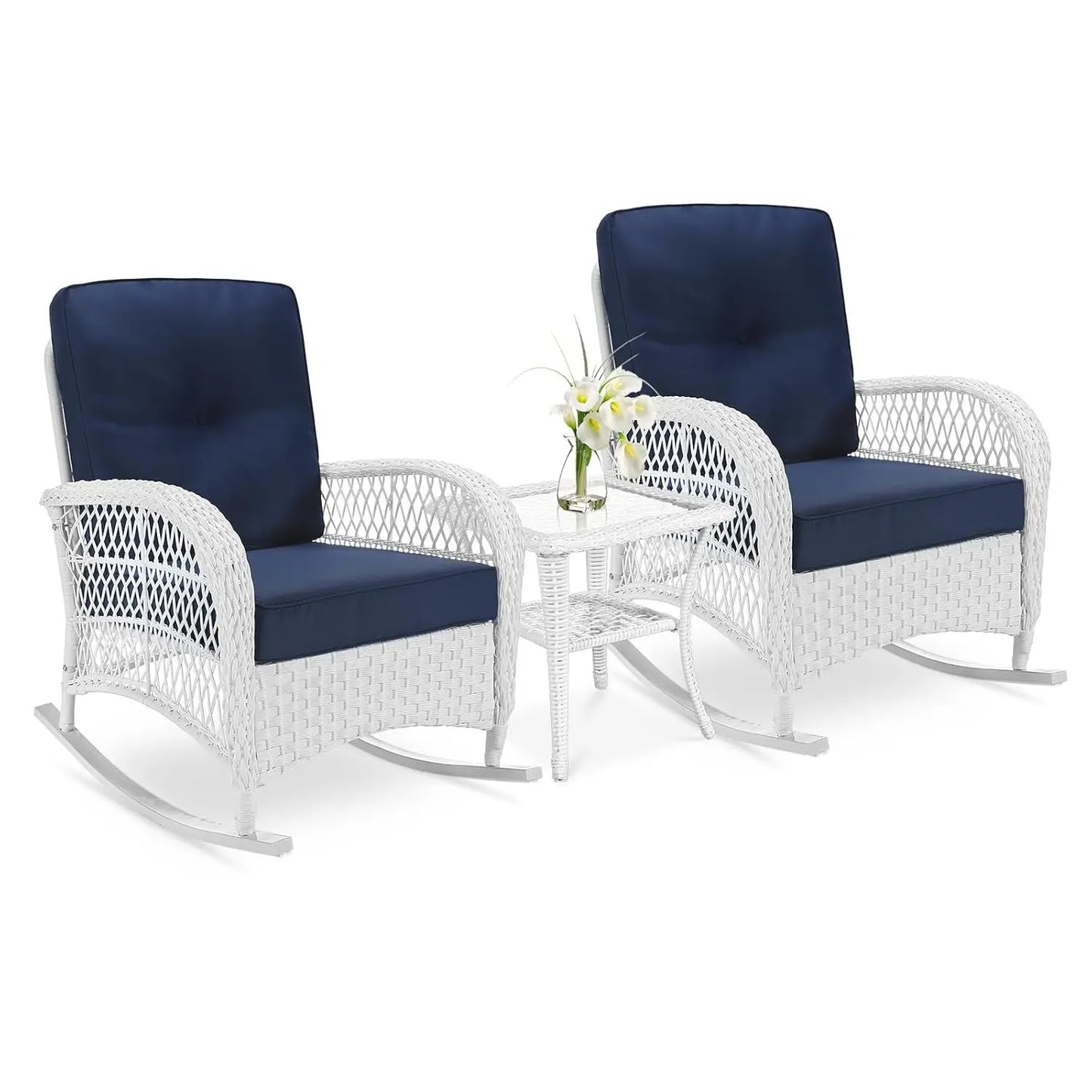 Outdoor Wicker Rocking Bistro Set Cushioned Chairs Glass Top Table