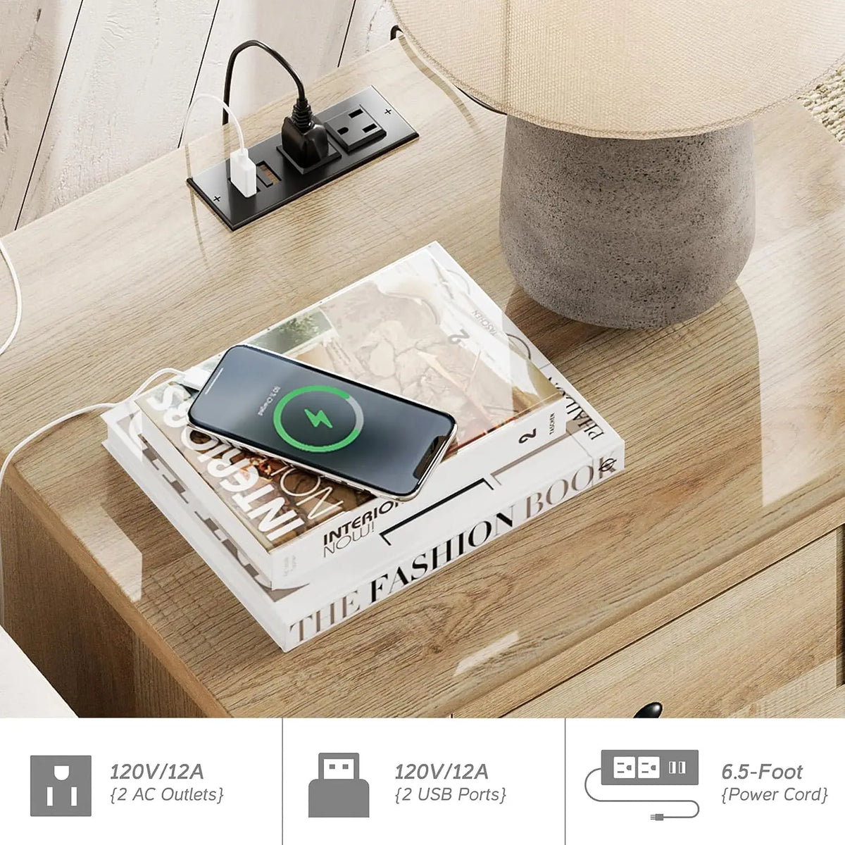 Nightstands With Charging Station, Set Of 2 Modern End Table, Oak | Bedside Table With Power Outlets & USB Ports, Customized