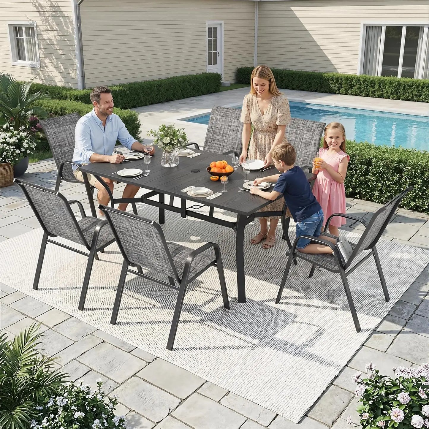 Outdoor Dining Set With Adjustable Umbrella Hole And Heavy Duty Metal Frame