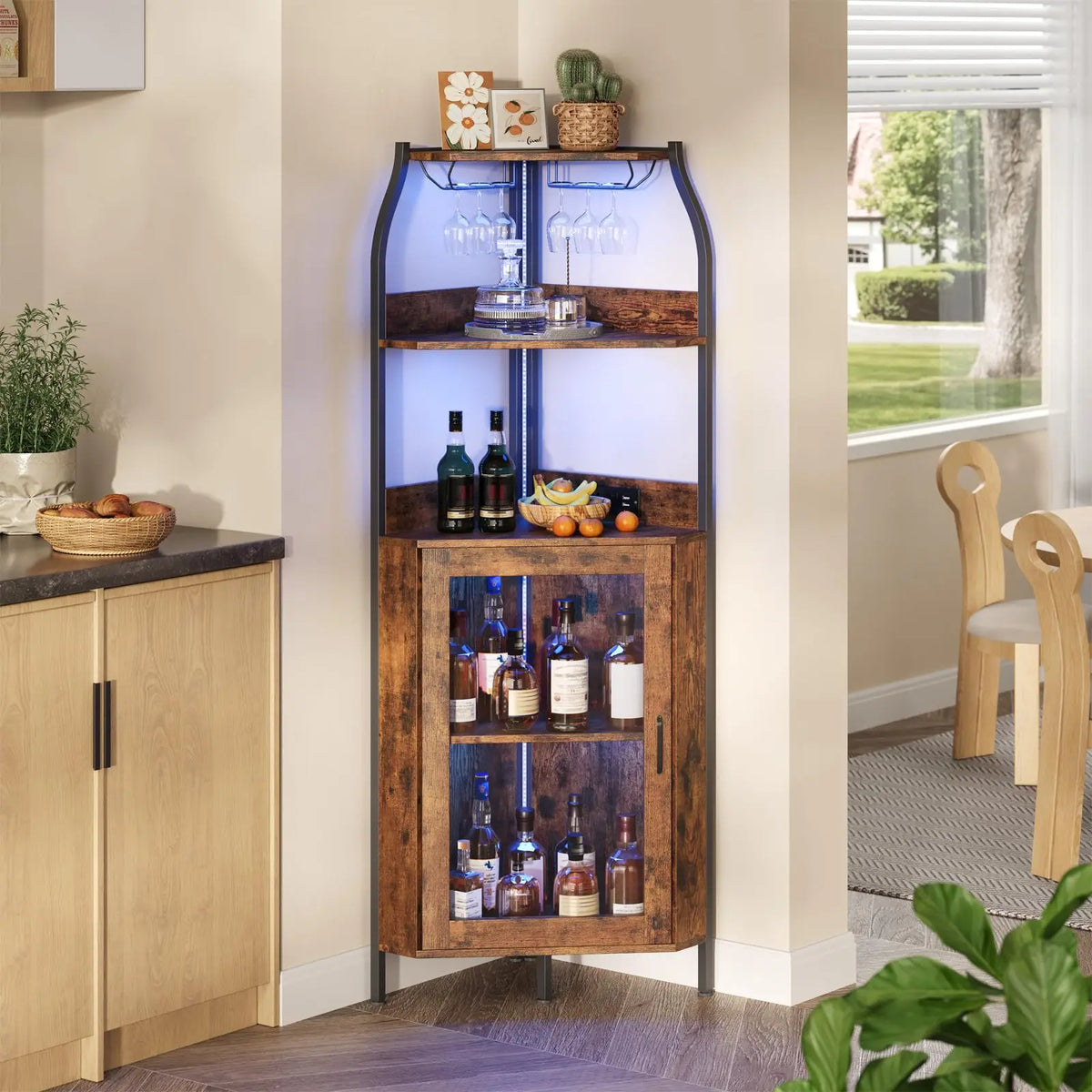 HiMISS Corner Bar Cabinet With LED Lights And Power Outlet