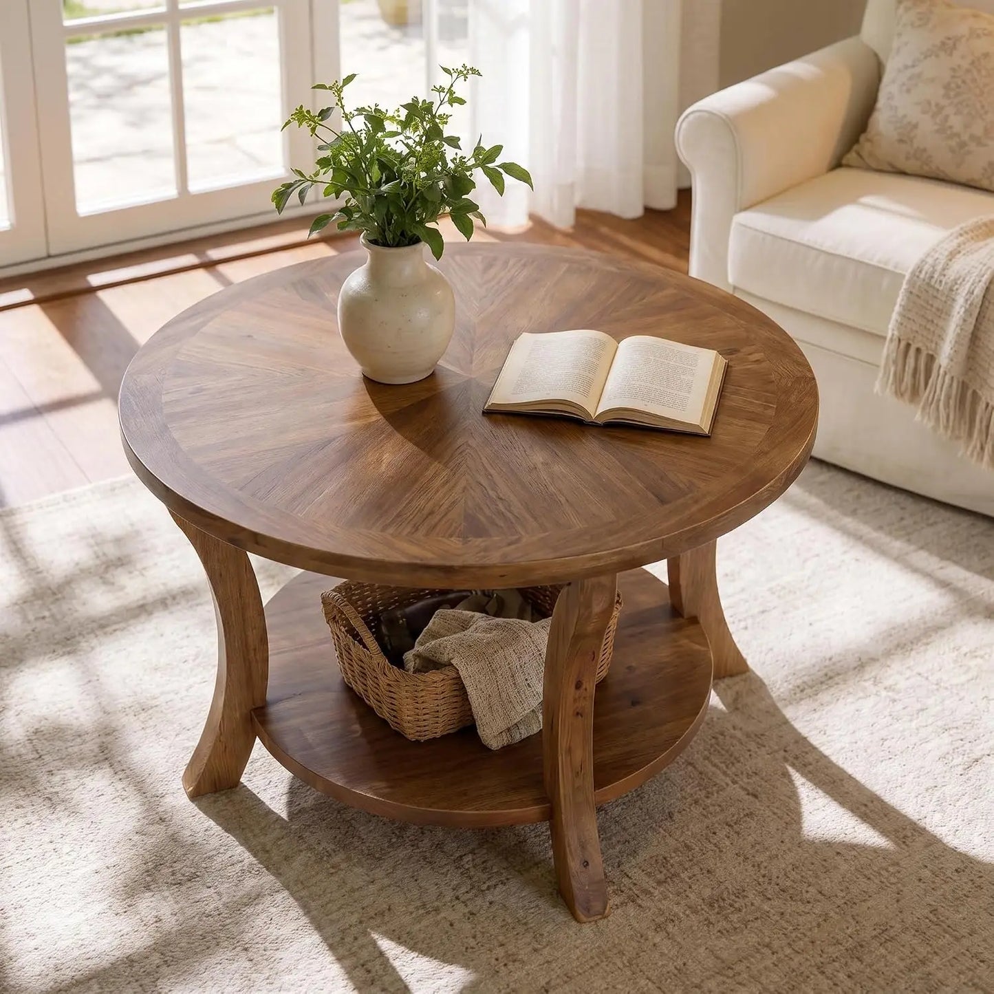 31.5" Round Solid Wood Coffee Table with 2-Tier Storage Shelf, Farmhouse Circle Center Table with Curved Legs for, Customized