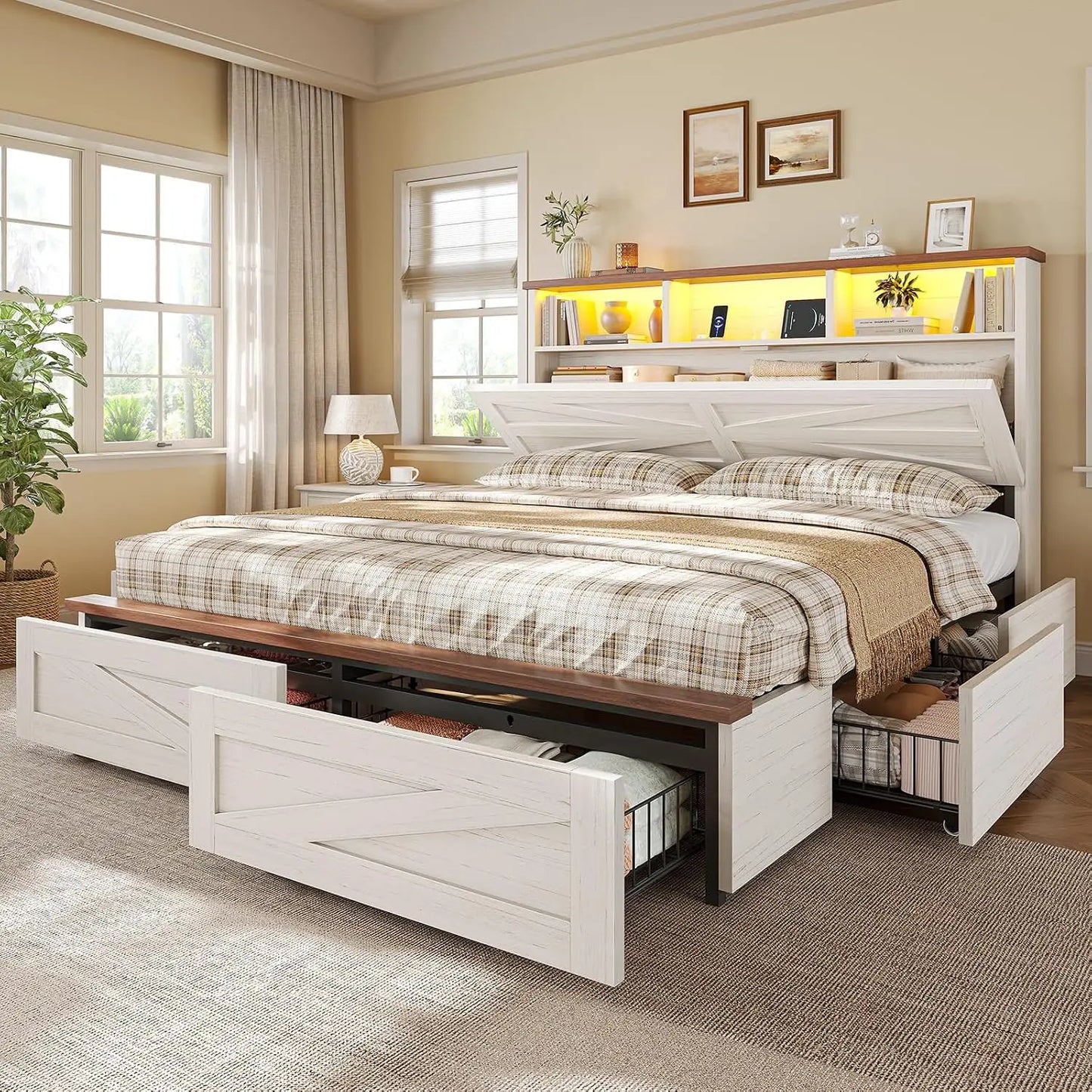 Queen Bed Frame with 6 Drawers, Farmhouse Bed Frame with Barn Door Headboard and Storage, Wood Platform Bed Frame, Customized