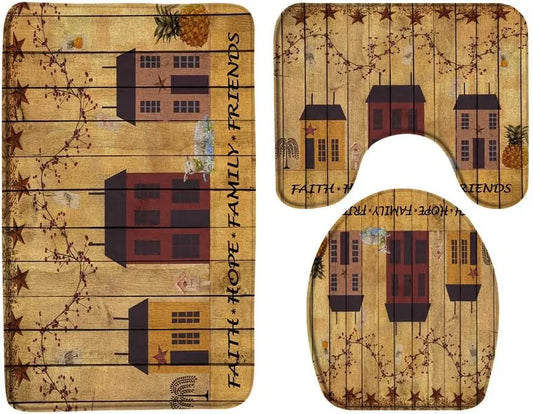 Primitive Farmhouse Memory Foam Bath Mat Set With U-Shape Cover