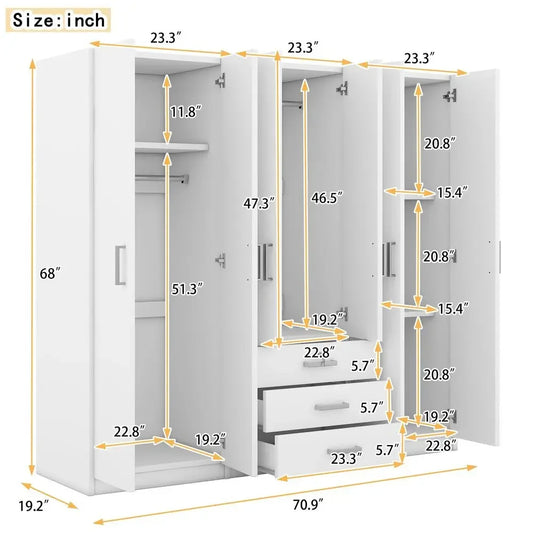 Large White 6 Doors Wooden Wardrobe, Bedroom Tall Armoire Closet Organizer with Big Drawers, Hanging Rails and Shelves, Clothes