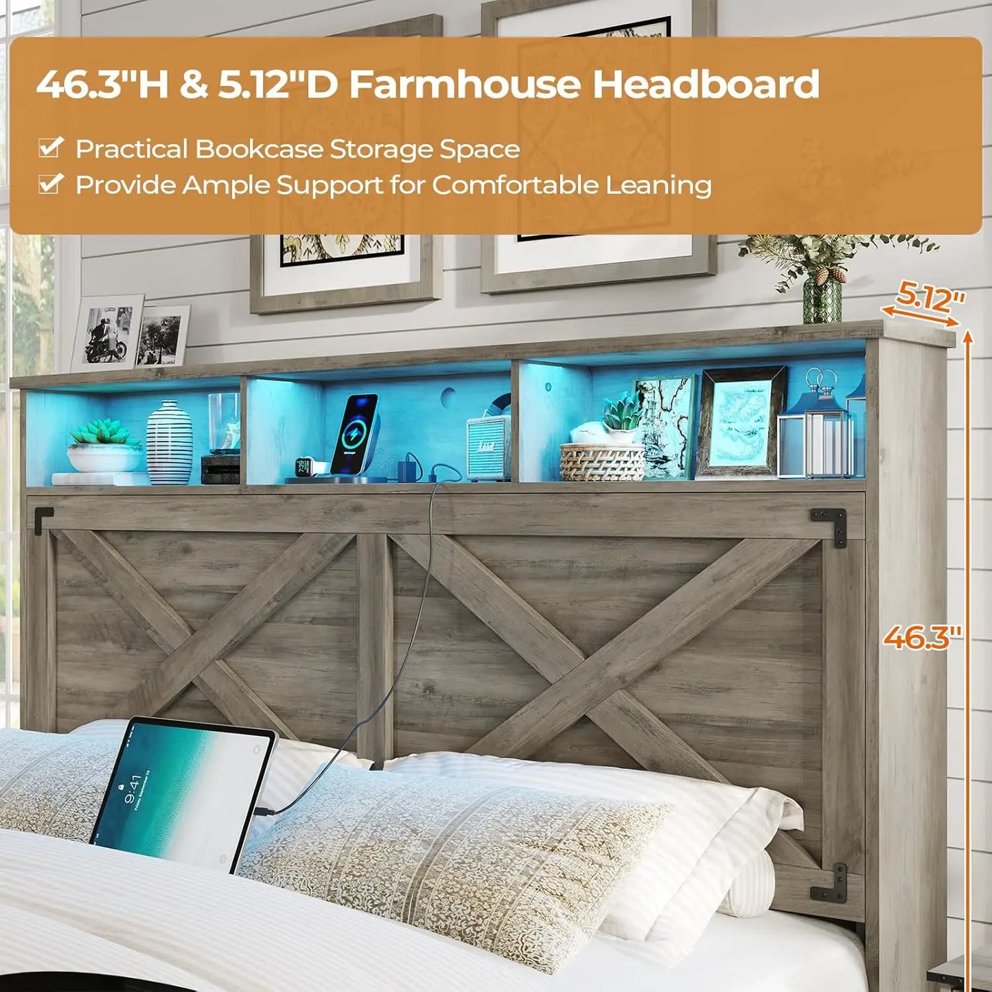 Farmhouse Queen Bed Frame with Storage Headboard and Charging Station Wood Platform Bed Frame Queen Size with, Customized