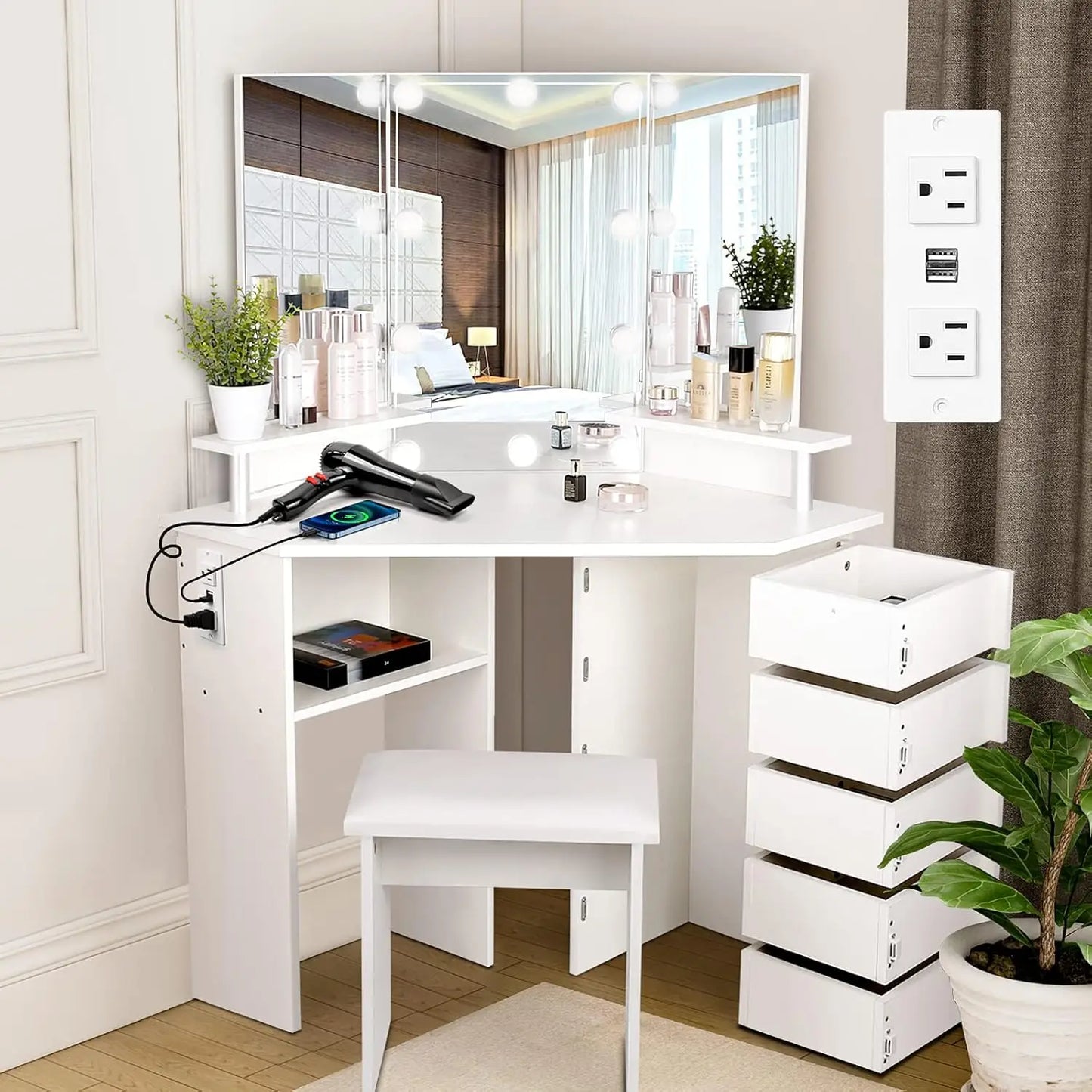 MOYU Vanity With Lights Makeup Desk Power Outlet Included
