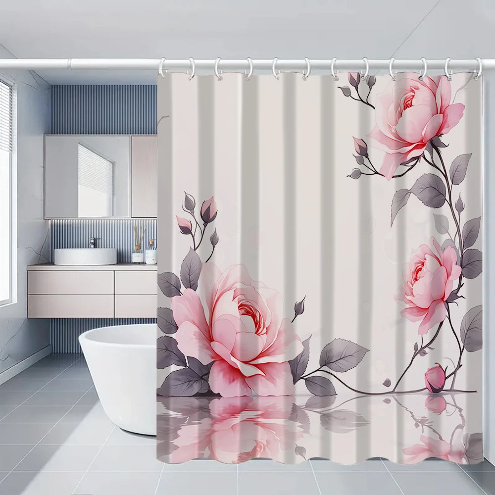 Flower Bird Shower Curtain Set With Carpet And Toilet Seat