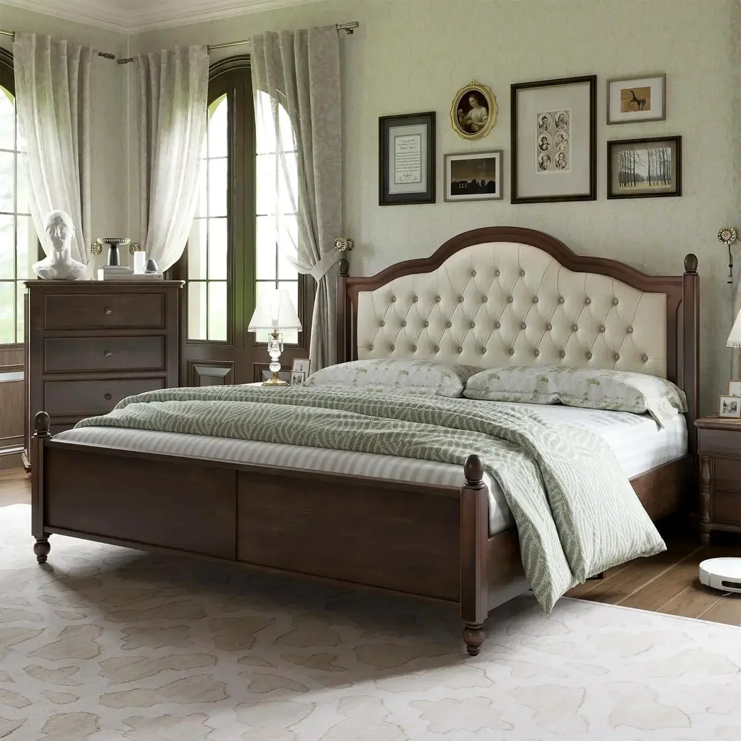 Solid Wood Bed Frame With Upholstered Tufted Headboard