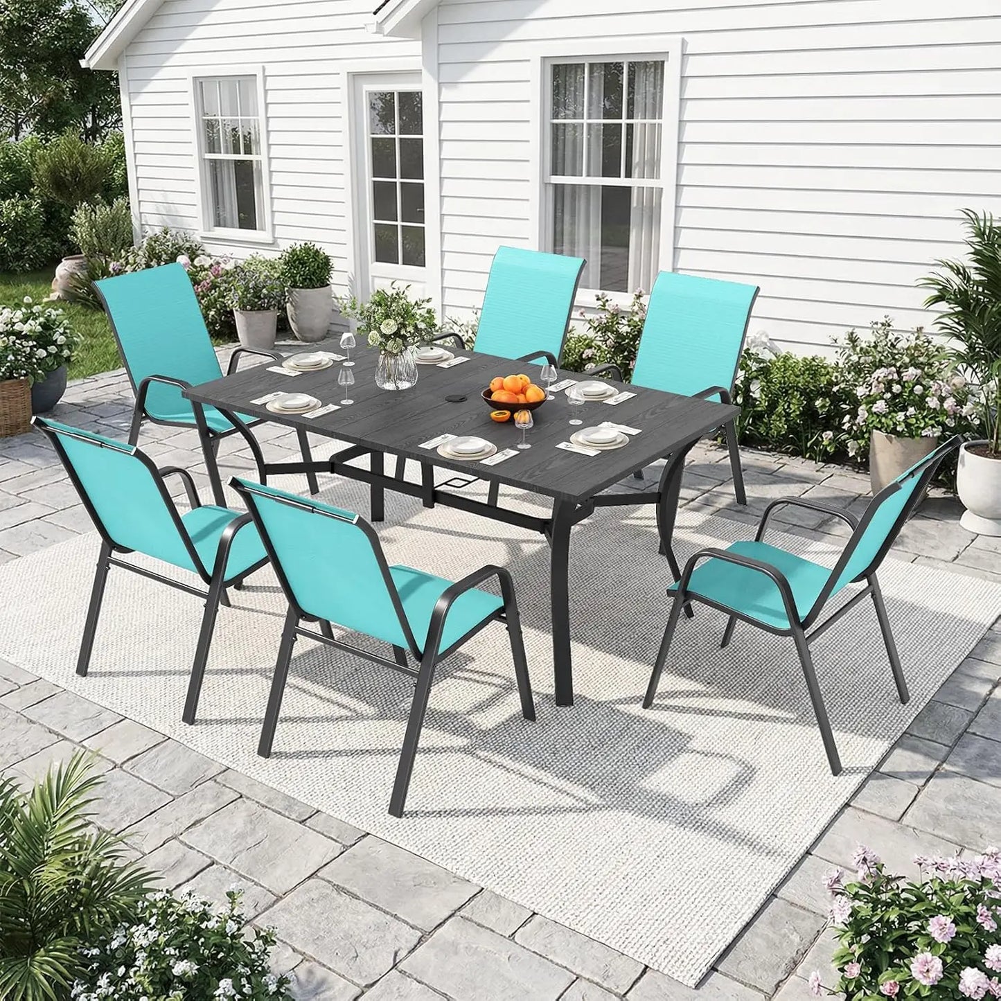 Outdoor Dining Set With Adjustable Umbrella Hole And Heavy Duty Metal Frame