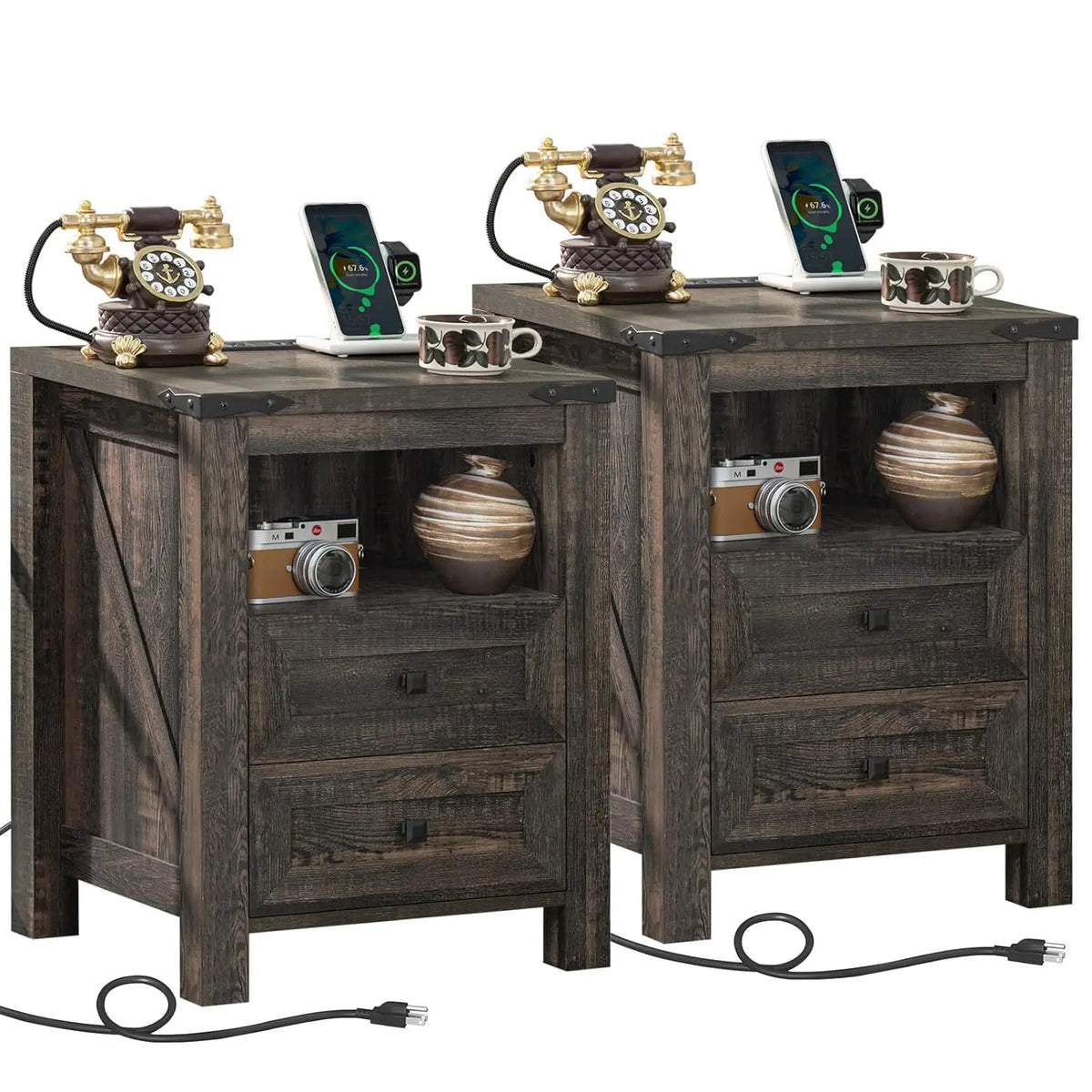 Set Of 2 Farmhouse Nightstands With Charging Station