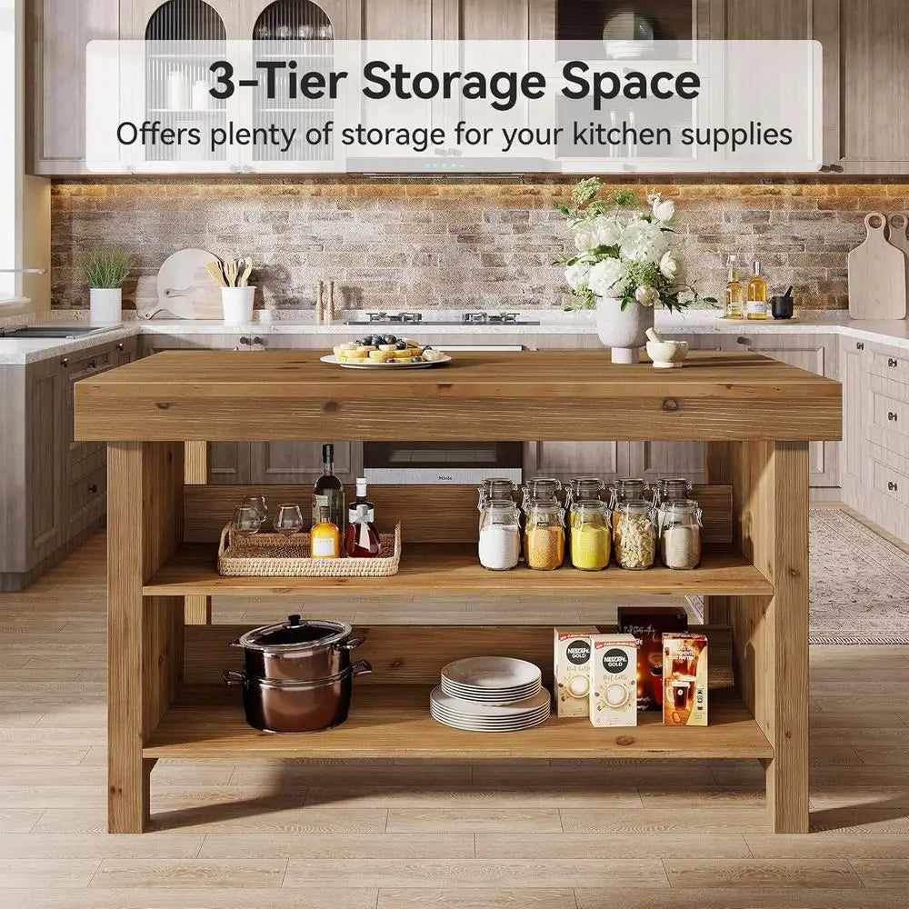 55 Natural Oak Kitchen Island with 3-Tier Shelves and Spacious Countertop