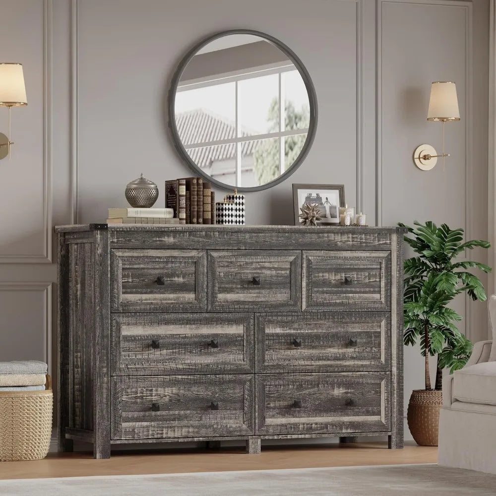 7 Drawer Dresser, Modern Wood Storage Chest, Bedroom Organizer with Metal Handles