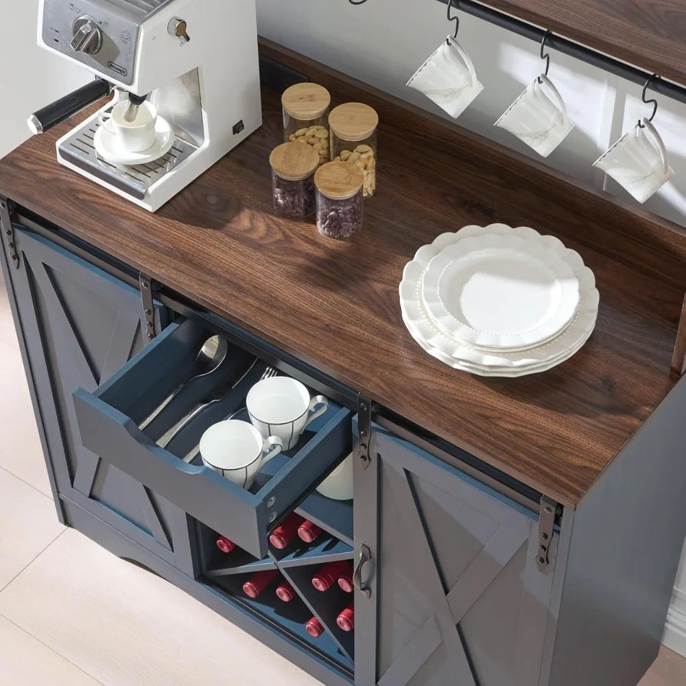 Farmhouse Coffee Bar Cabinet With USB Charging Station