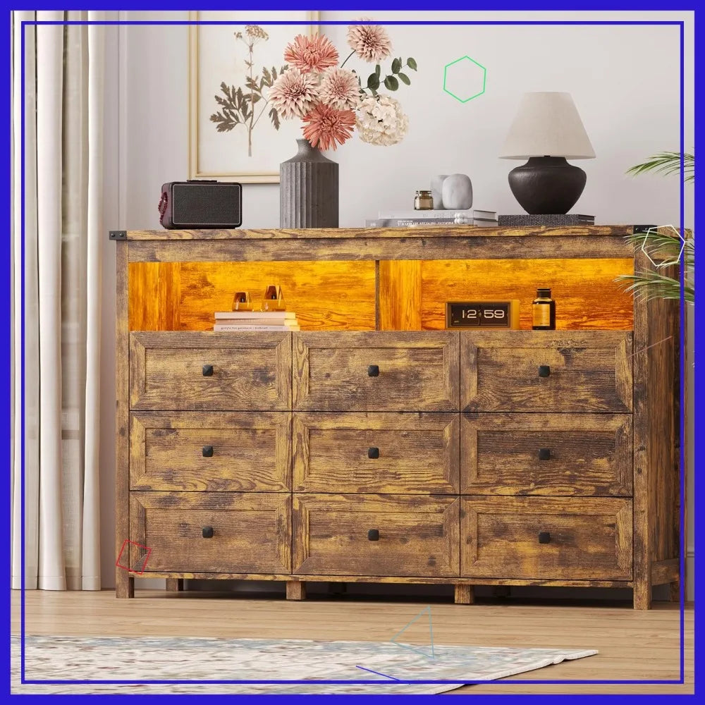 9 Drawer Dresser With LED Lighting And Power Outlet