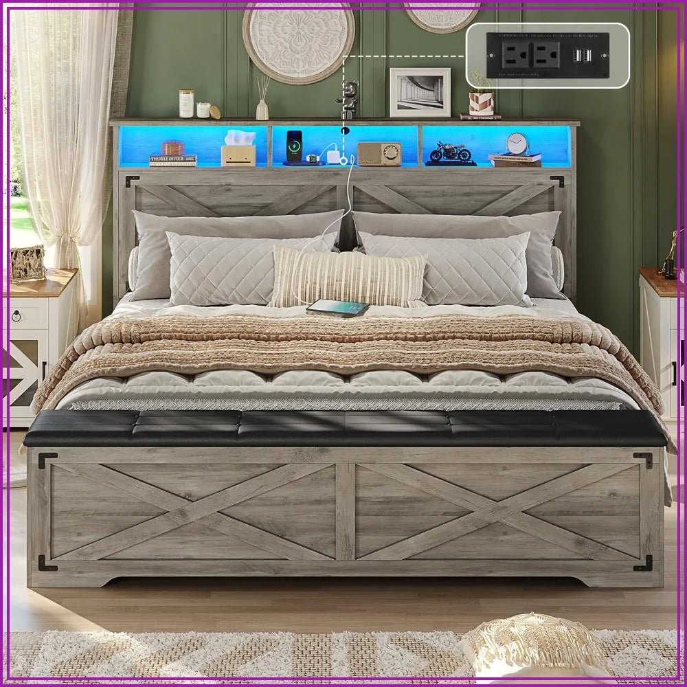 Queen Bed Frame with Storage Ottoman, LED Lights, Charging Station, Farmhouse Headboard, No Box Spring Needed, Oak Grey