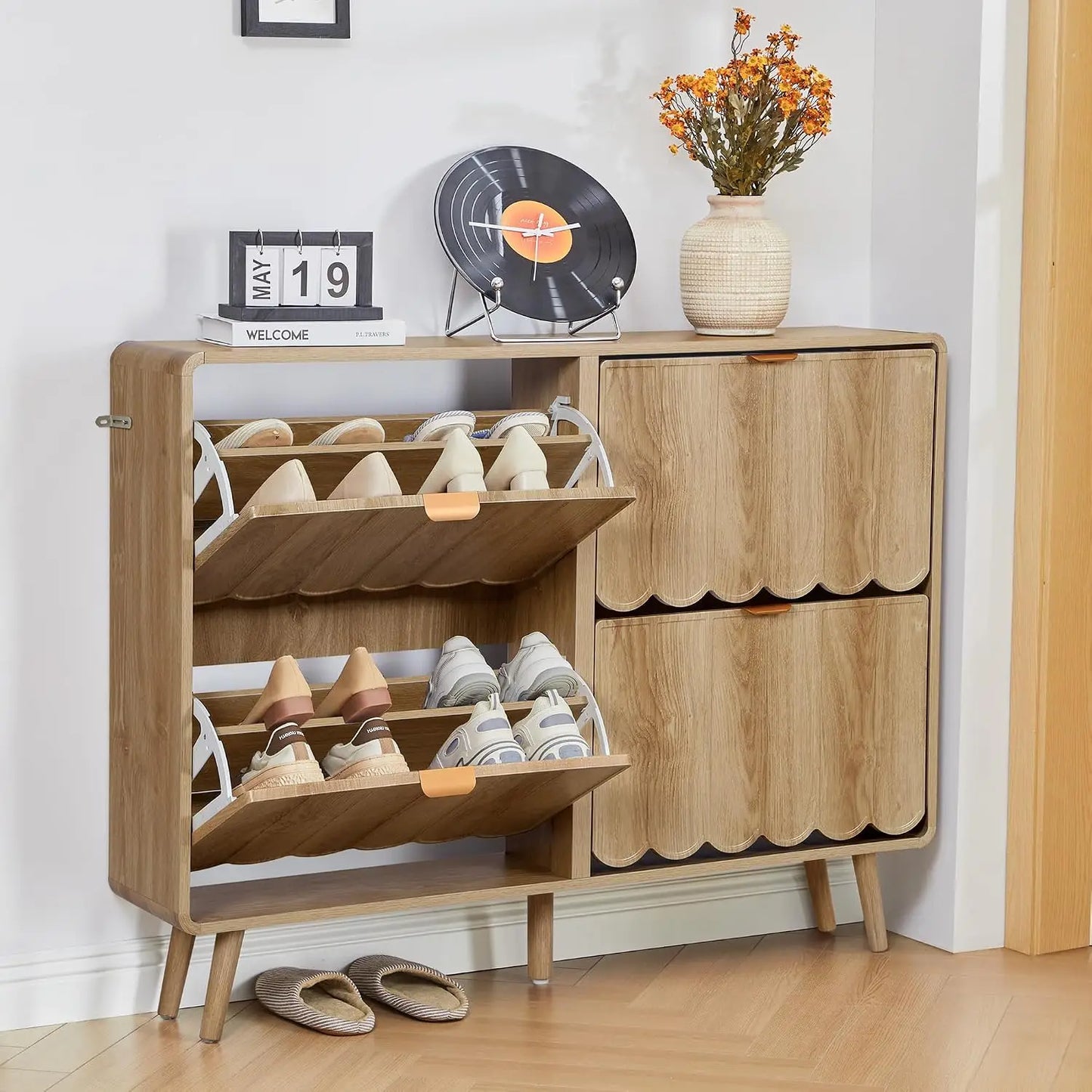 Narrow Freestanding Wood Shoe Storage Cabinet,Wave Panel & 4 Flip Drawers For Entryway, Custom