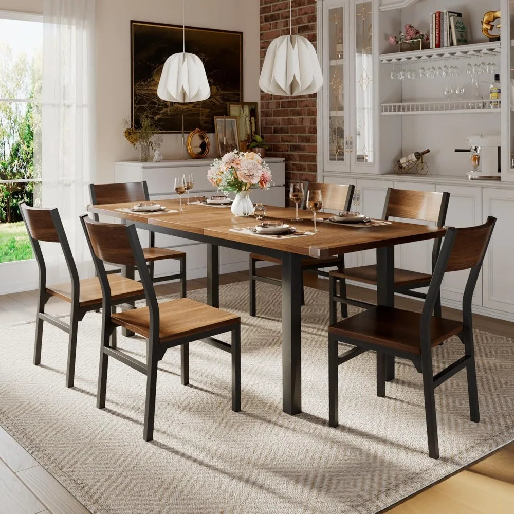 7-Piece Extendable Dining Table Set with 6 Chairs, Small Space Kitchen Table for 4-6 People, Solid Metal Frame & MDF Board,
