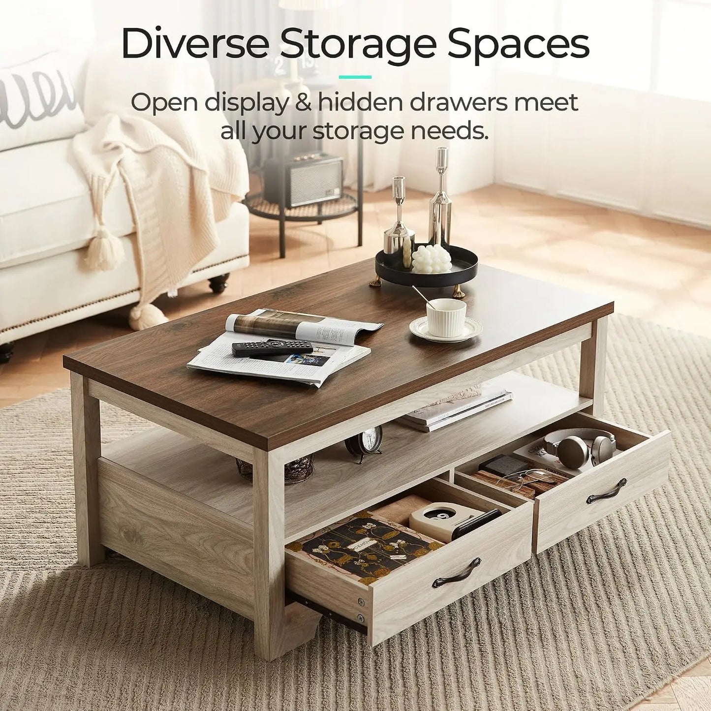 Farmhouse Coffee Table With Storage, Wood Coffee Table For Living Room, Open Display Area And Storage Drawers With Metal
