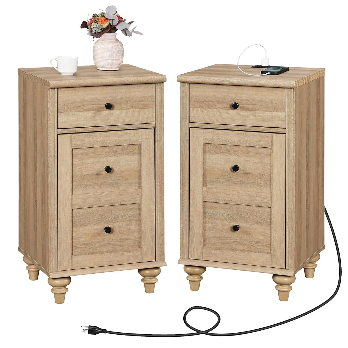 Nightstands With Charging Station, Set Of 2 Modern End Table, Oak | Bedside Table With Power Outlets & USB Ports, Customized