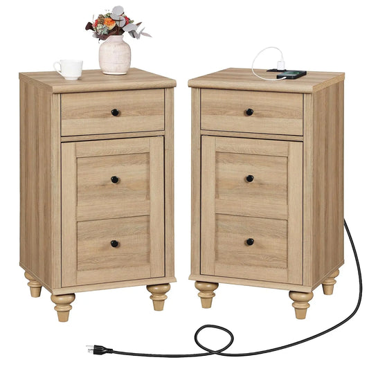 Nightstands With Charging Station, Set Of 2 Modern End Table, Oak | Bedside Table With Power Outlets & USB Ports, Customized