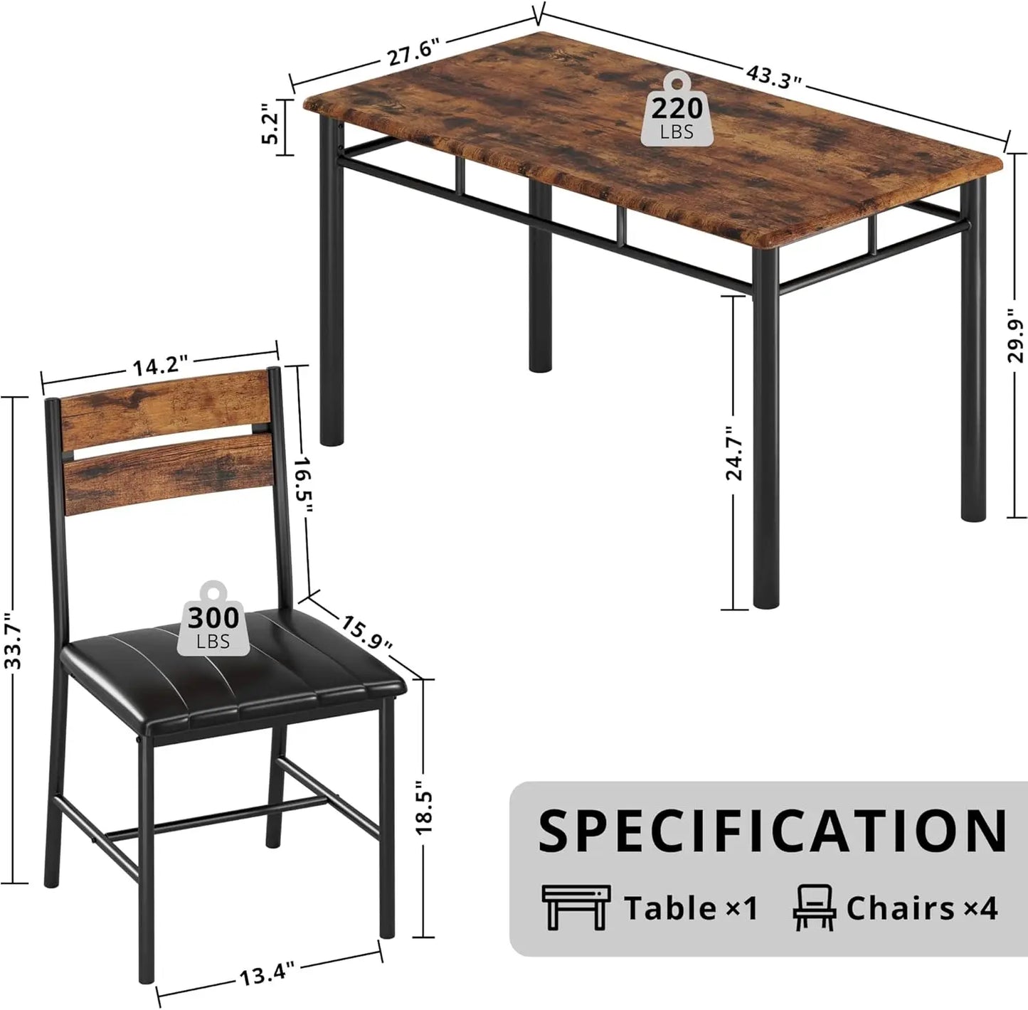 Dining Table Set For Four In Wood With Upholstered Chairs